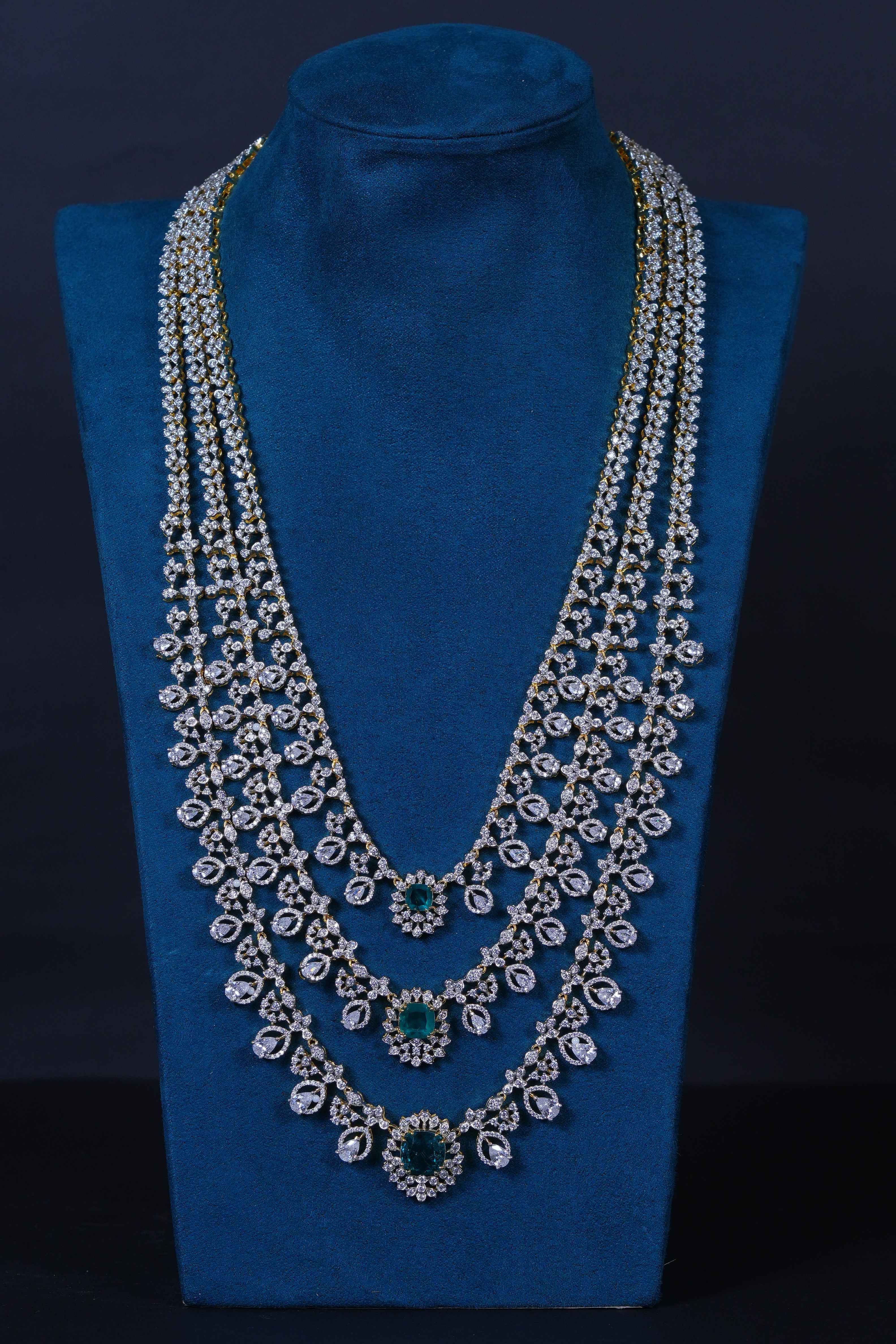 Royal 3-Layer American Diamond Haramwith Earrings in 92.5 Sterling Silver