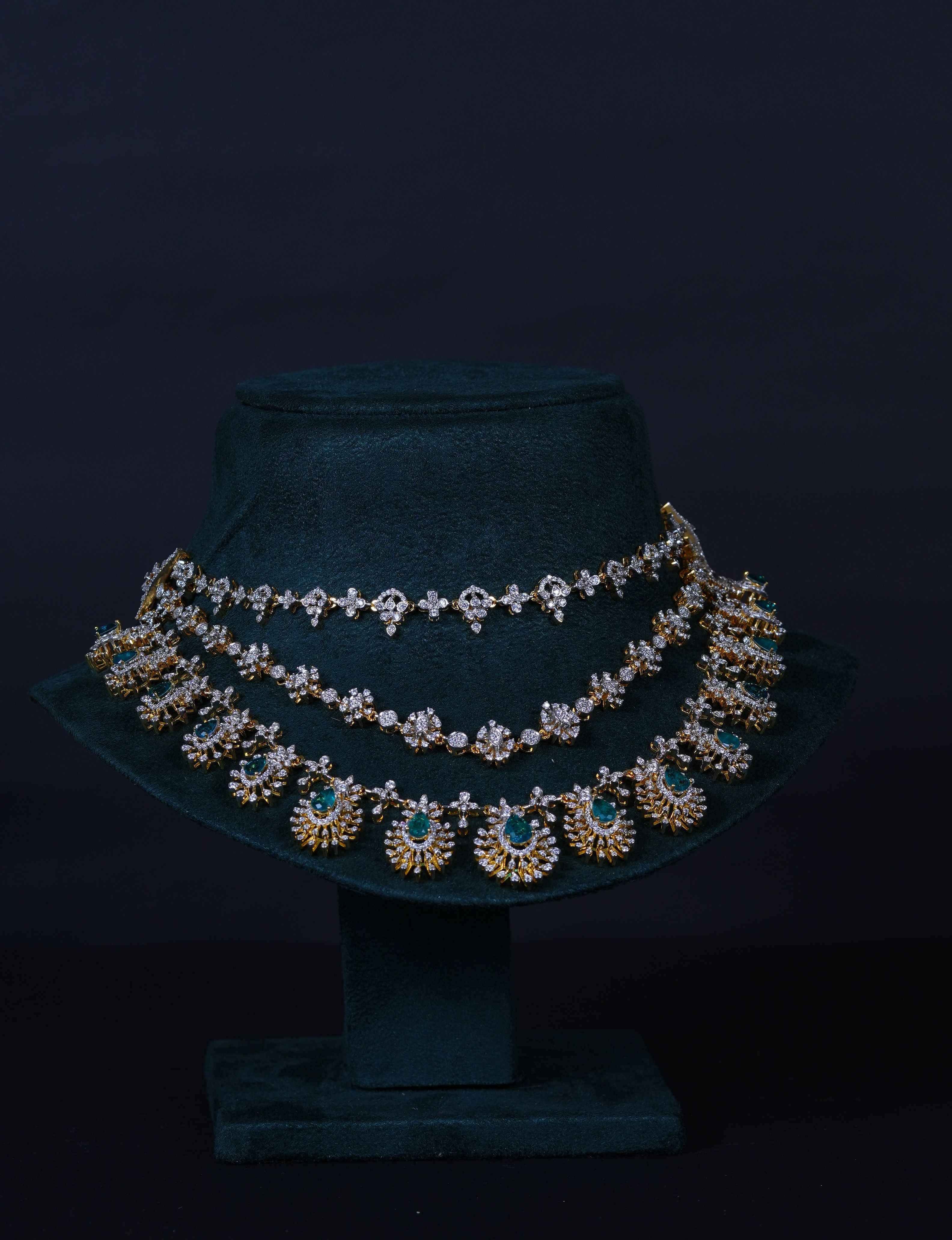 Royal 3-Layer Emerald Diamond-Replica Necklace with Beautiful Jhumkas in 92.5 Sterling Silver
