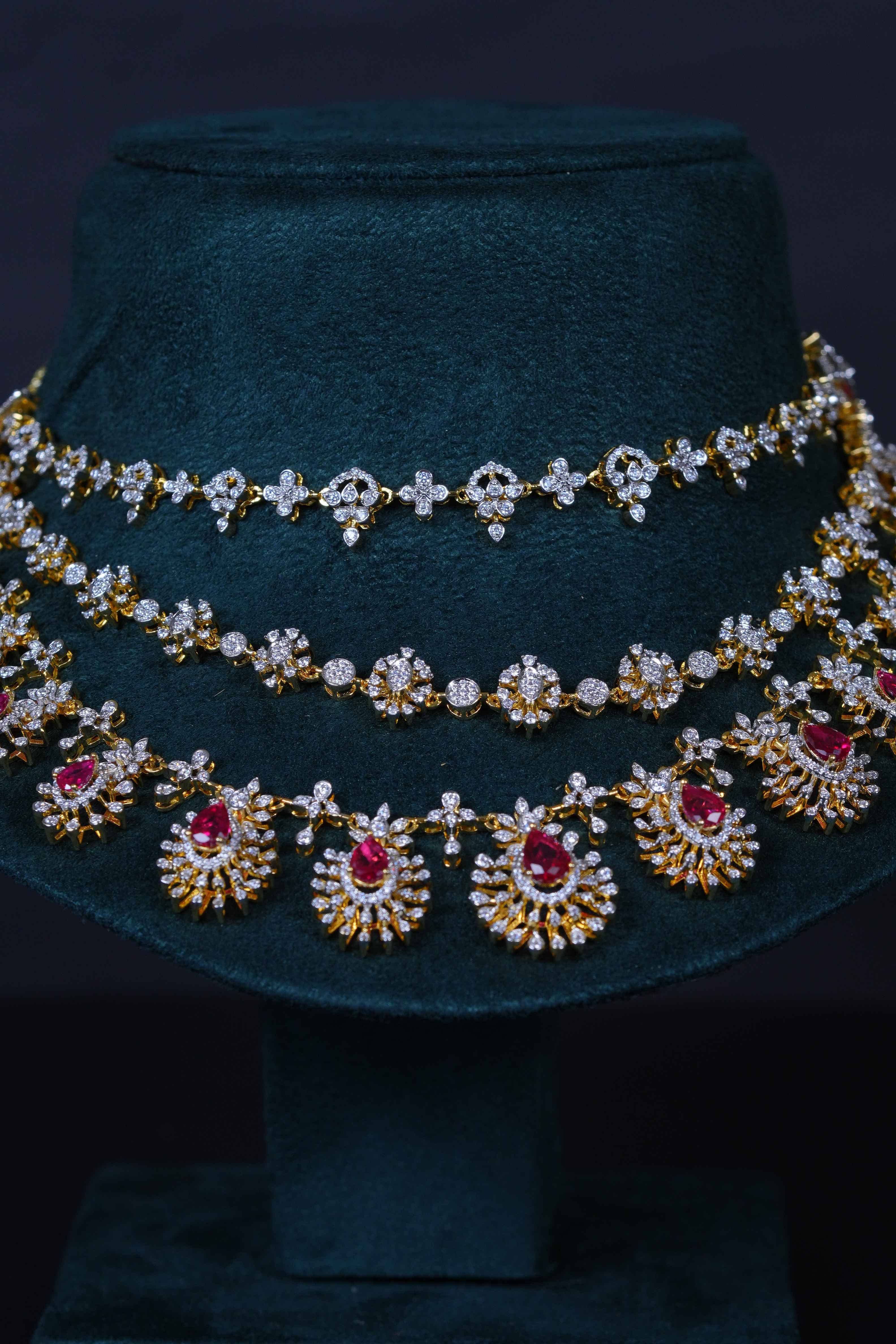 Royal 3-Layer Ruby Diamond-Replica Necklace with Beautiful Jhumkas in 92.5 Sterling Silver