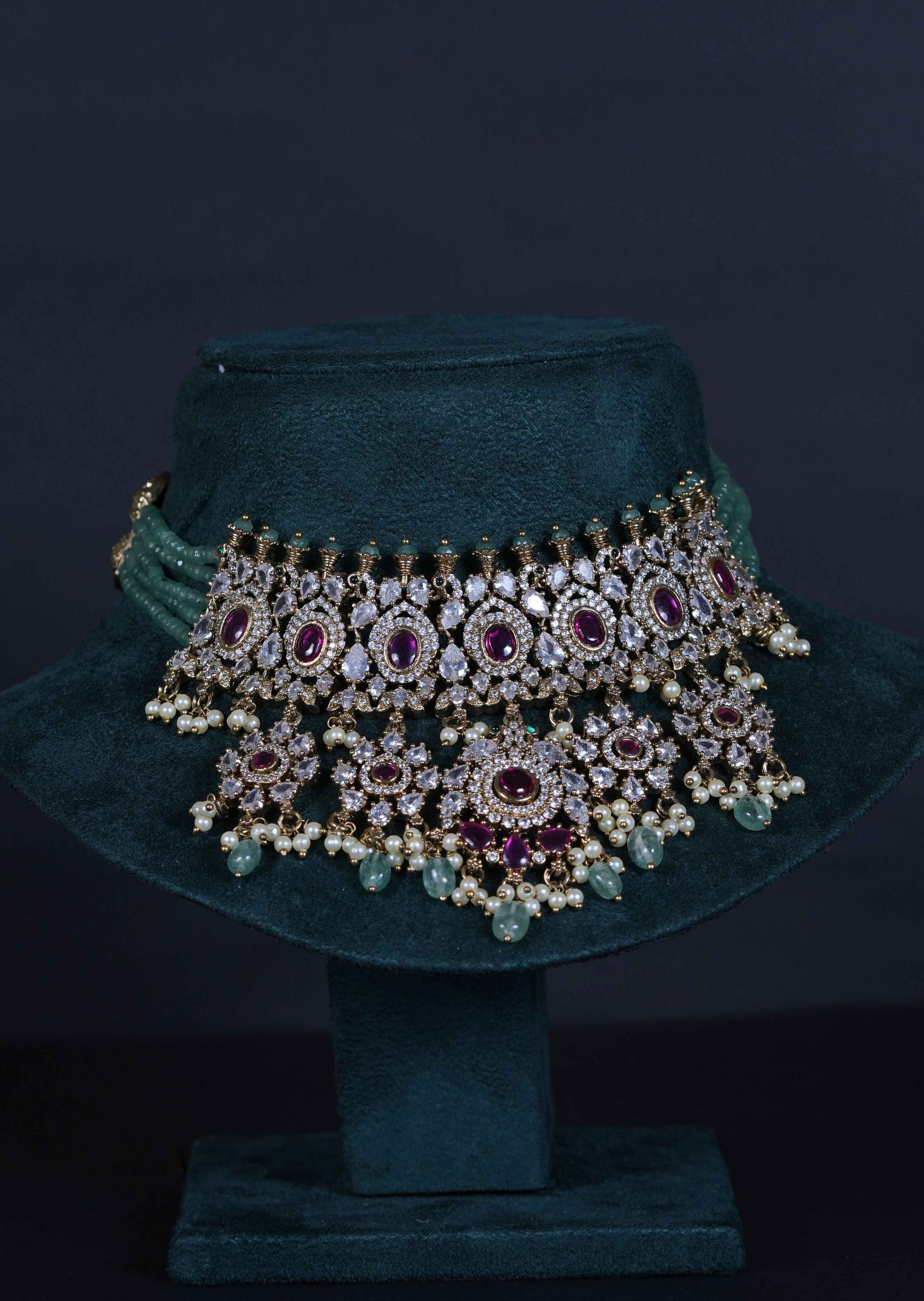 Royal Pink Doublet Stone Choker with Moissanites & Green Beads