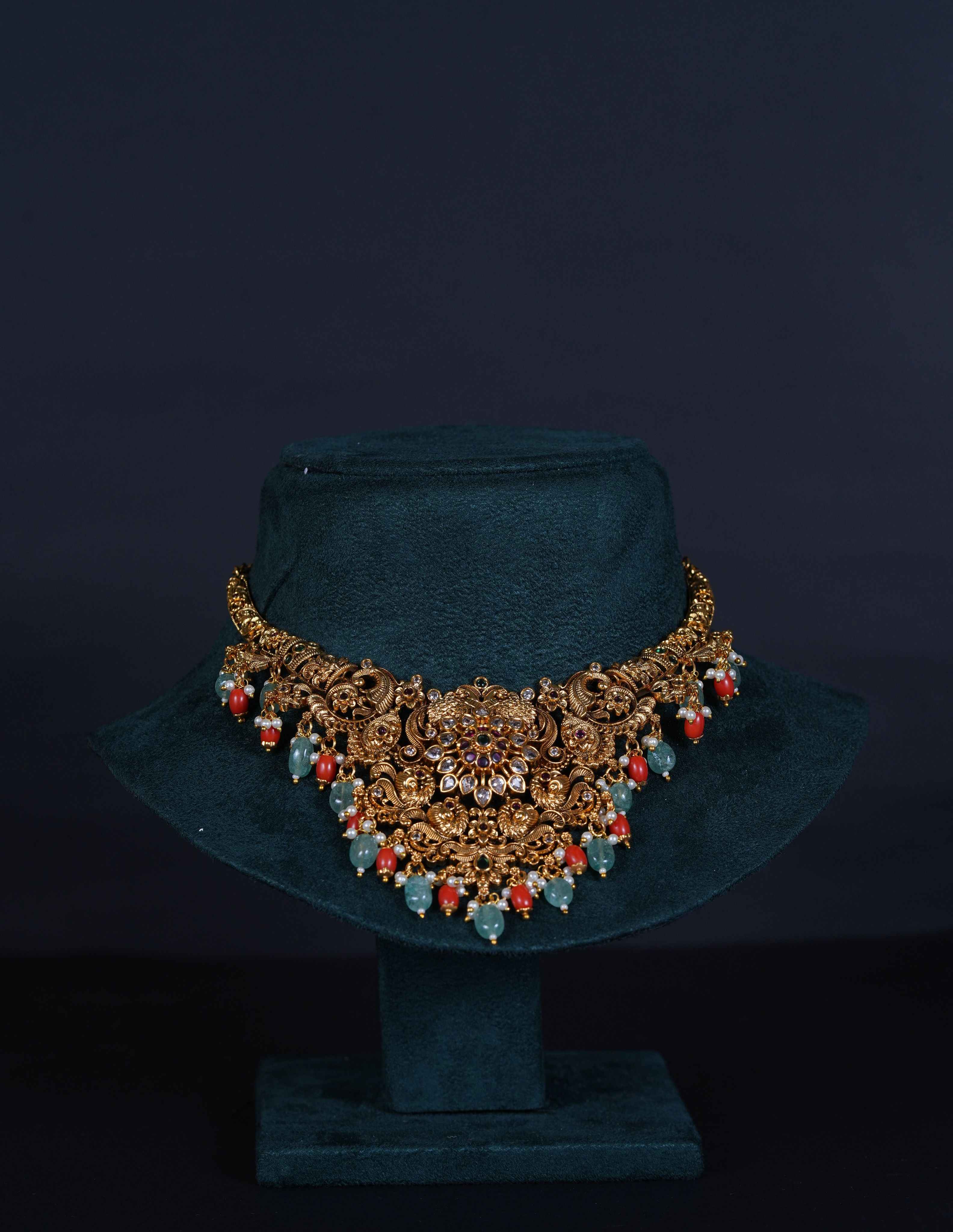 Temple Nakshi Necklace with Coral Accents