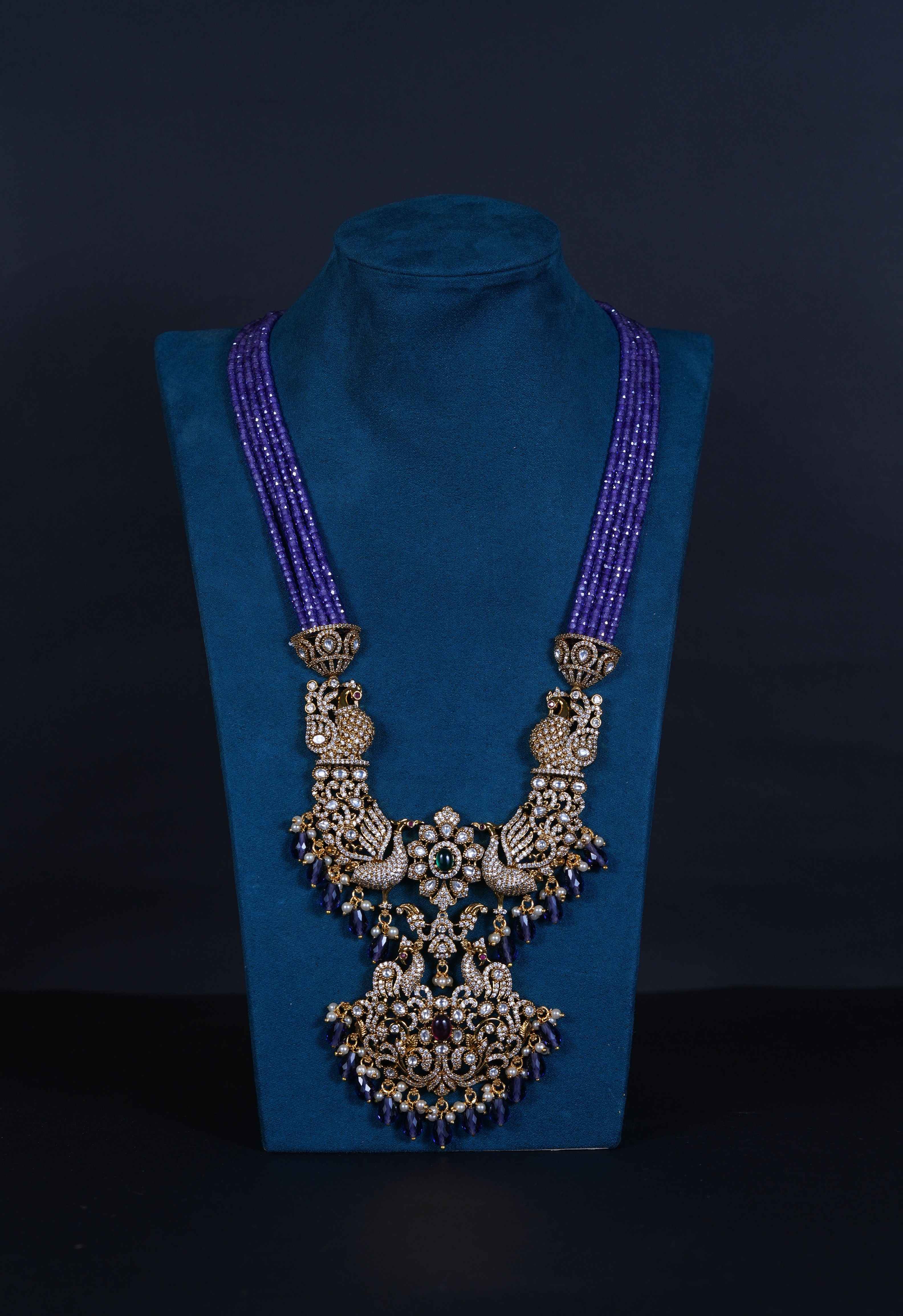 Royal Victorian Peacock Pendant Set with Beaded Necklace & Screw Back Earrings