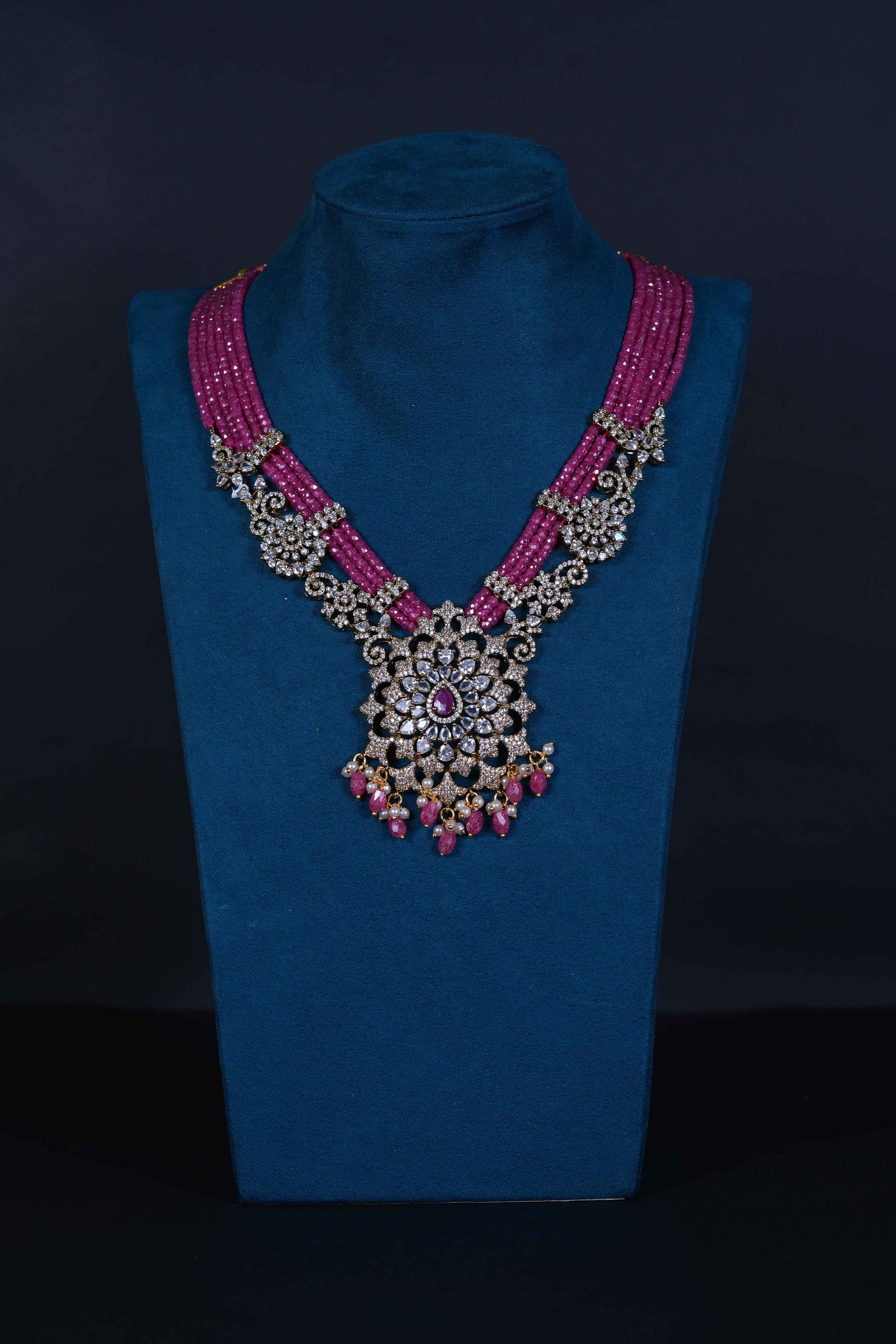 Royal Victorian Moissanite Necklace Set with Stone Beads &  Earrings