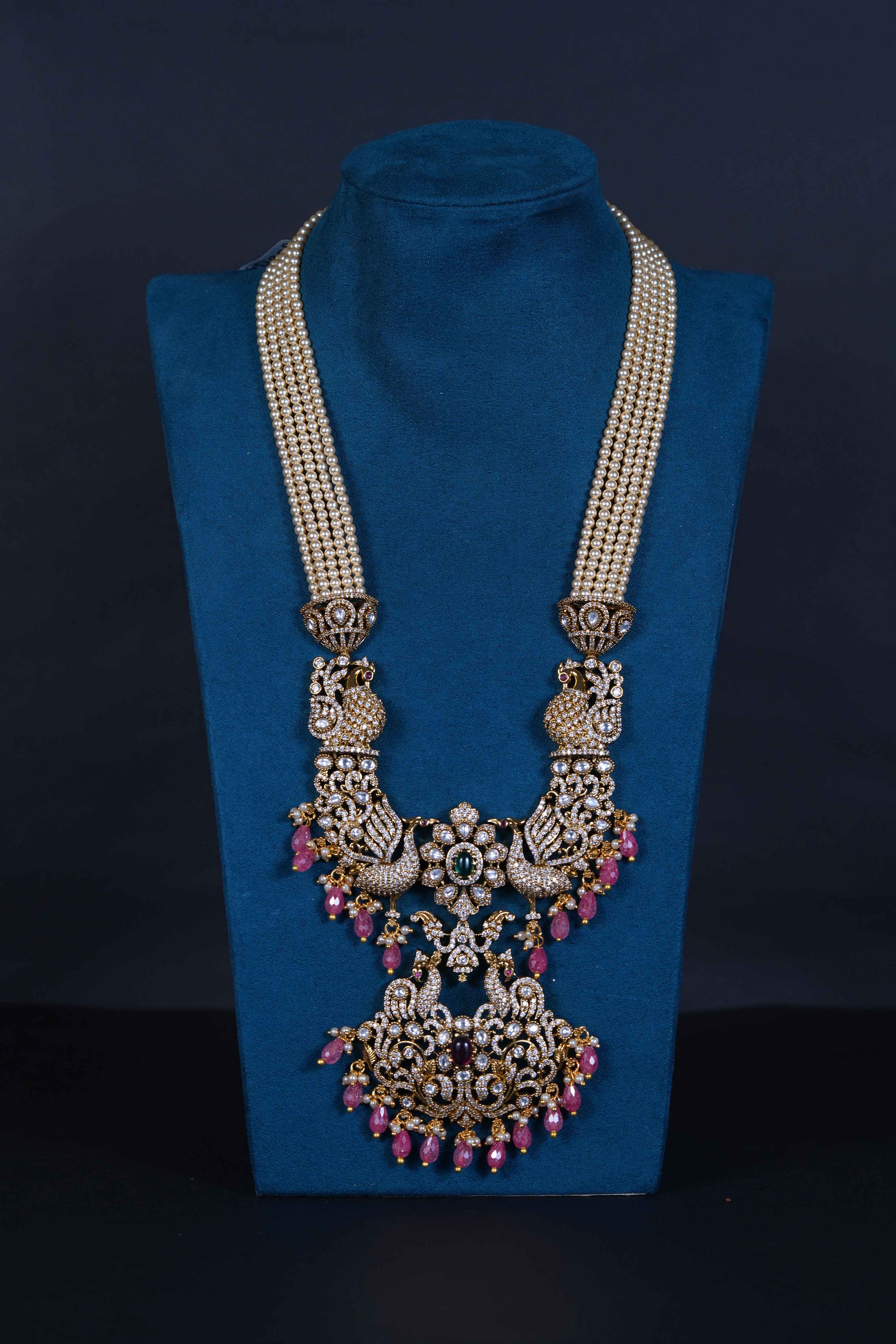 Royal Victorian Peacock Pendant Necklace with Pearls & Screw Back Earrings