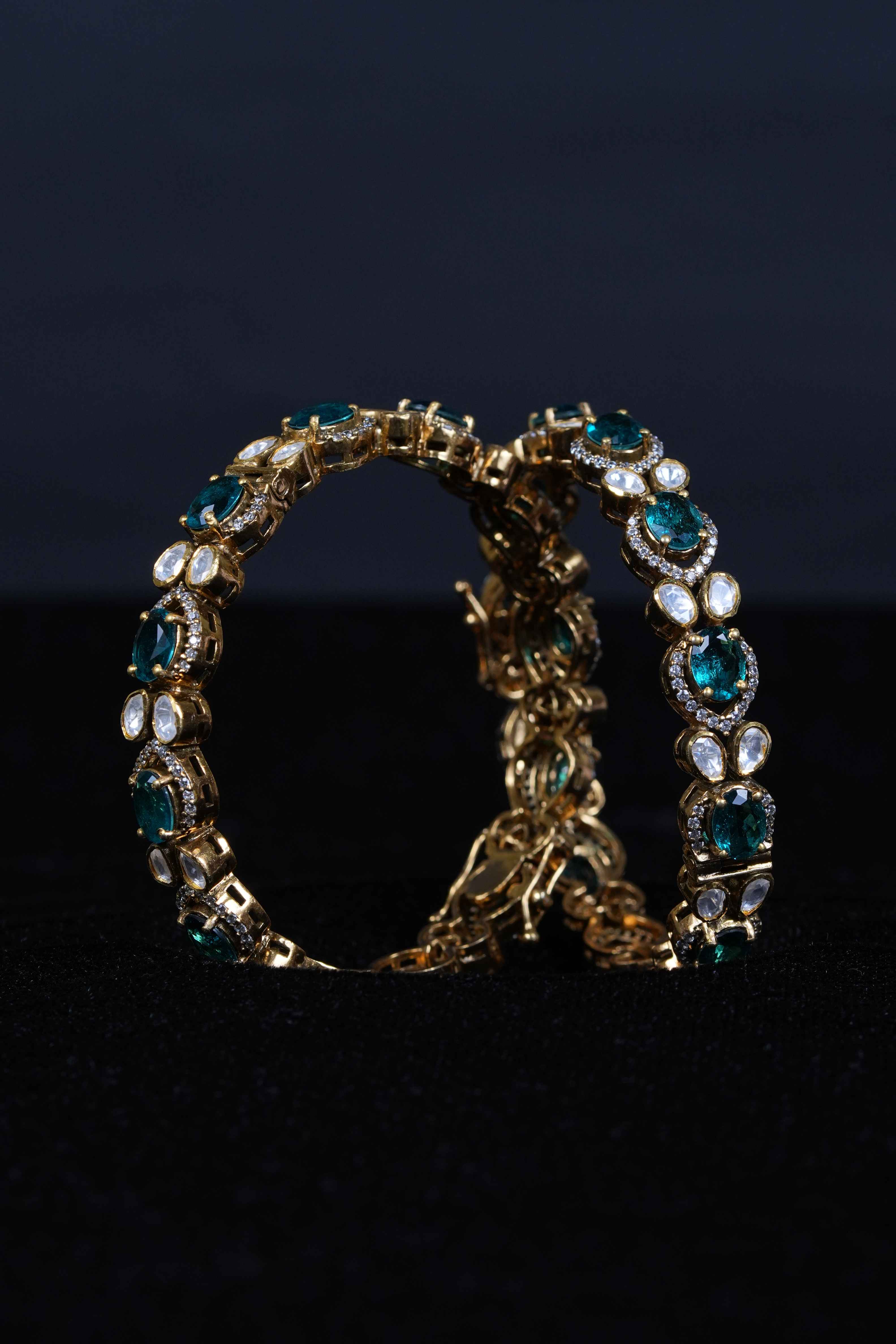 92.5 Sterling Silver Emerald  Kundan Openable Kada Bangles